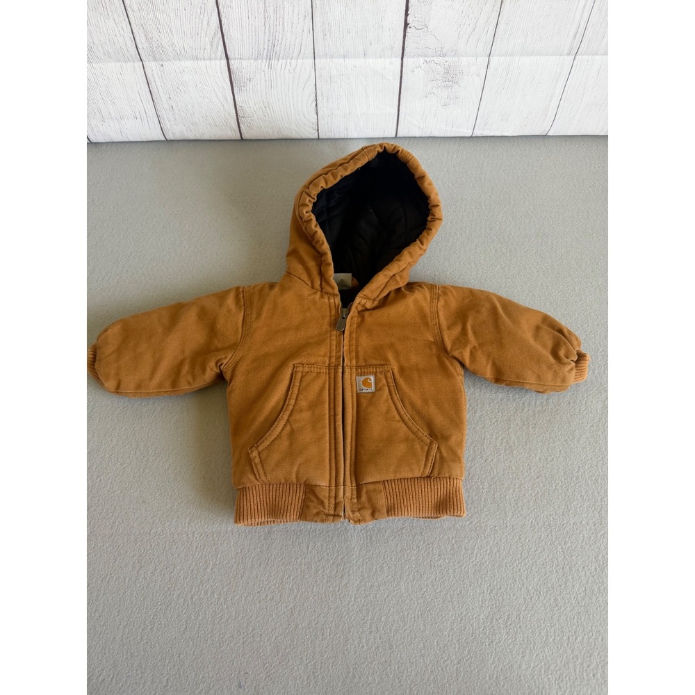 Carhartt Baby Boys Hooded Canvas Active Jacket Brown 6M Quilted Lining 6 Months